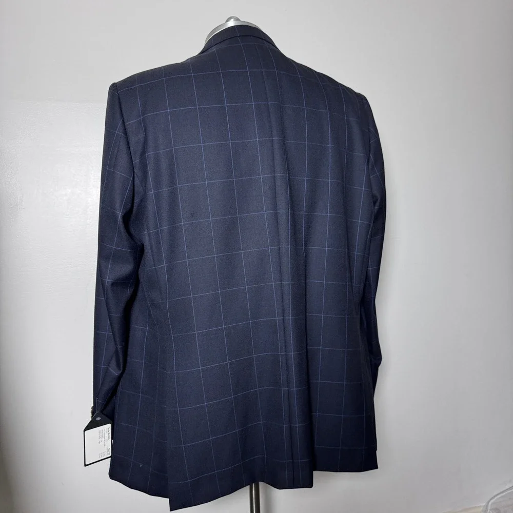 Custom Tailored 3-Piece Suit Mens 54L 50x34 Blue Windowpane Worsted Wool England